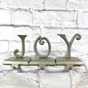 Silver Tone Metal JOY Mantel Shelf Stocking Holder Hooks Set Felt Bottom Vintage
